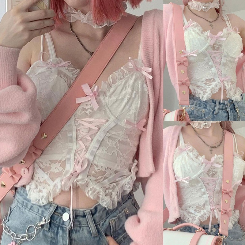 Áo croptop hai dây vải ren hoa xuyên thấu dáng ôm nhún bèo phối dây thắt nơ phong cách Lolita ngọt ngào cho nữ