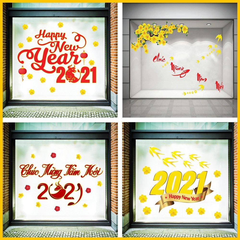 Decal chúc Tết 2021 Happy new year có keo sẵn dán được trên tường và kính