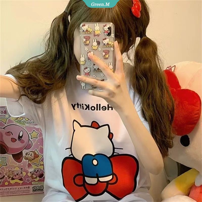 SANRIO Áo Thun Nữ Tay Ngắn Dáng Rộng In Hình Hello Kitty Đáng Yêu