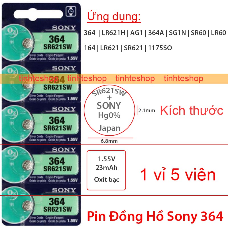 PIN LR621H AG1 364A SG1 SR60 LR60 164 364 LR621 SR621 1175SO Sony 1.55V-23mAh Oxit bạc (1 vỉ 5 viên)