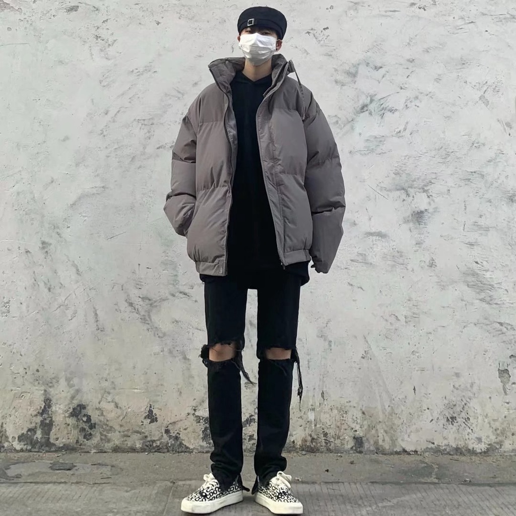 Áo phao nam hàn quốc cổ bẻ dày ấm màu đen và xám