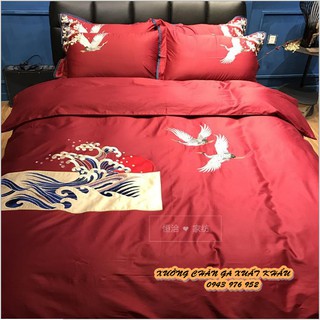 Set chăn ga gối lụa ai cập hạc đỏ