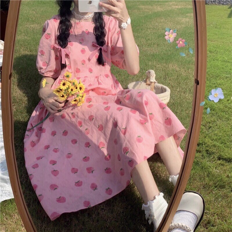 VÁY BABY DOLL TAY PHỒNG, HOẠ TIẾT HỒNG DÂU | BigBuy360 - bigbuy360.vn