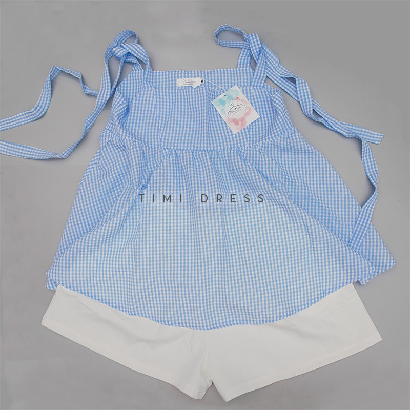 Set áo baby doll nữ, bộ đồ nữ đi chơi, combo quần sooc áo kẻ xanh 2 dây siêu xinh AO0102