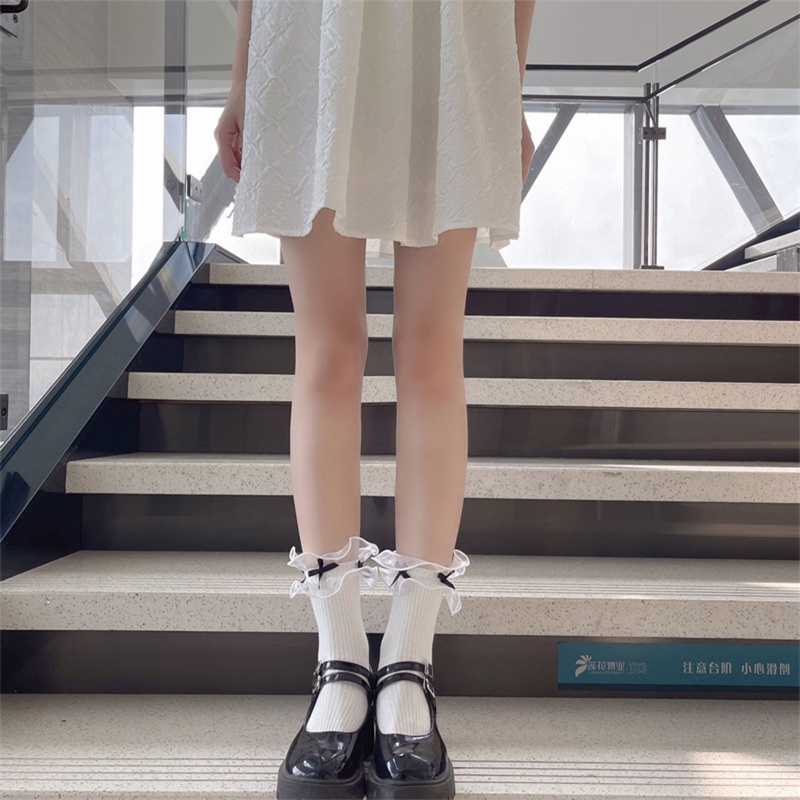 Xiangbao Vớ Cotton Ngắn Phối Vải Tuyn Đính Nơ Dễ Thương Phong Cách Harajuku Nhật Bản Cho Nữ