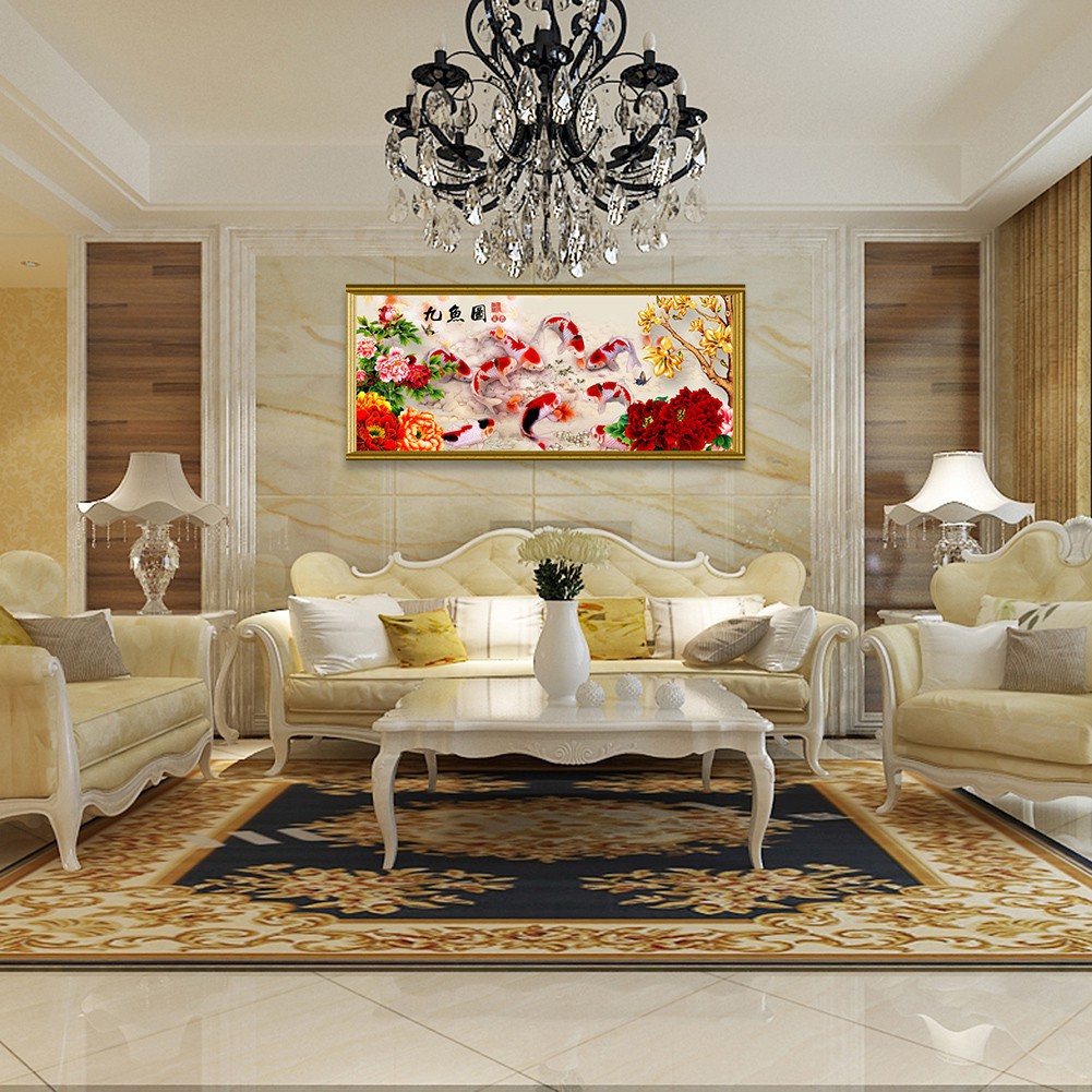 Bộ làm tranh đính đá 5D hình 9 con cá và hoa mẫu đơn | BigBuy360 - bigbuy360.vn