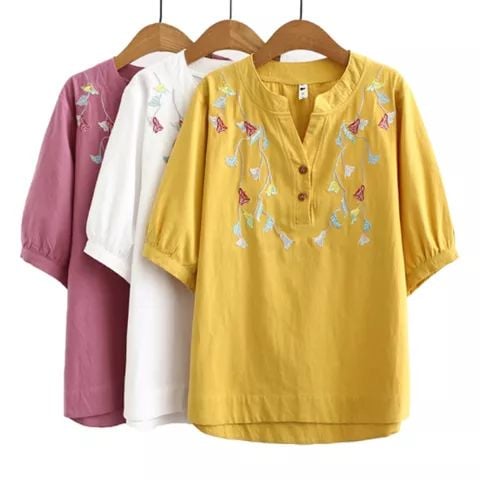 Áo kiểu nữ thêu hoa, cổ V, tay lửng sang trọng, Chất đũi Hàn, 4 màu Trắng, Xanh, Hồng, Vàng