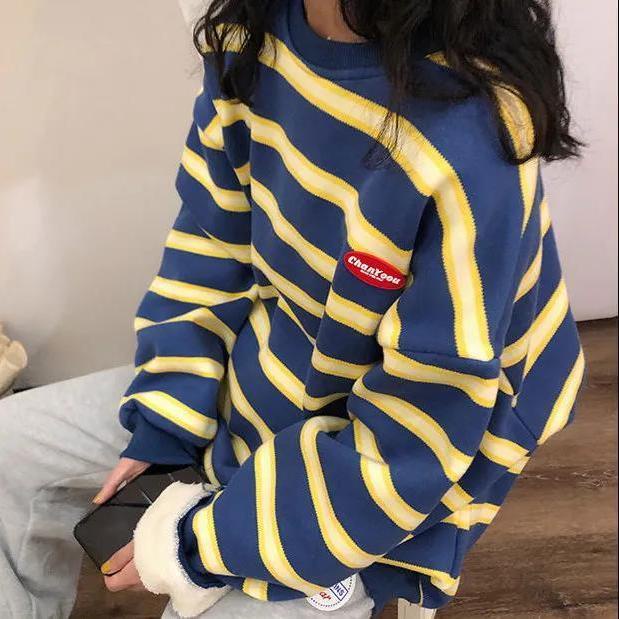 Áo sweater lông cừu dày dáng rộng kẻ sọc kiểu Hàn Quốc dễ thương cho nữ