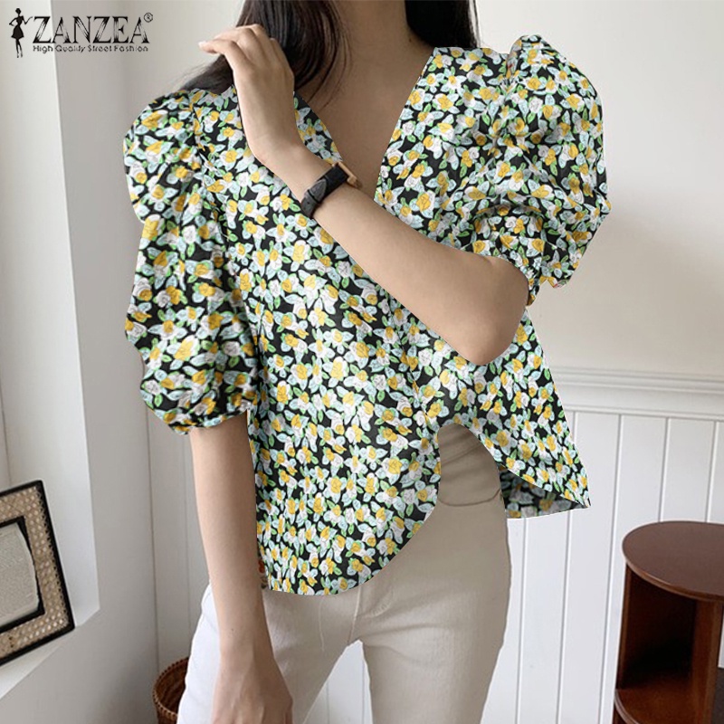 Áo kiểu ZANZEA tay lửng cổ chữ V in họa tiết hoa phong cách Hàn Quốc thời trang dành cho nữ