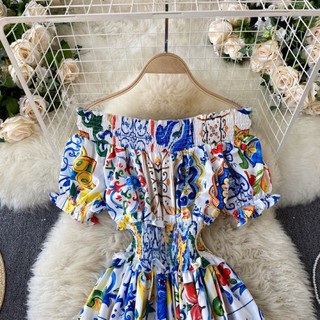 đầm xoè trễ vai bo eo thun qc