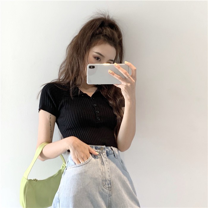 Xiaozhainv Áo croptop dệt kim tay ngắn cổ polo thời trang Hàn Quốc thanh lịch