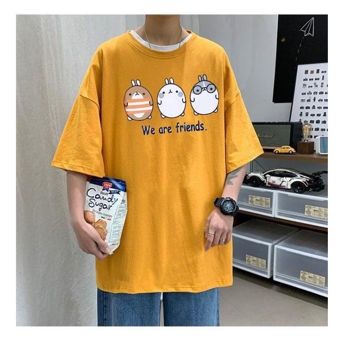 Áo thun cotton dày mịn phong rộng tay lỡ-áo thun unisex in hinh ba con thỏ