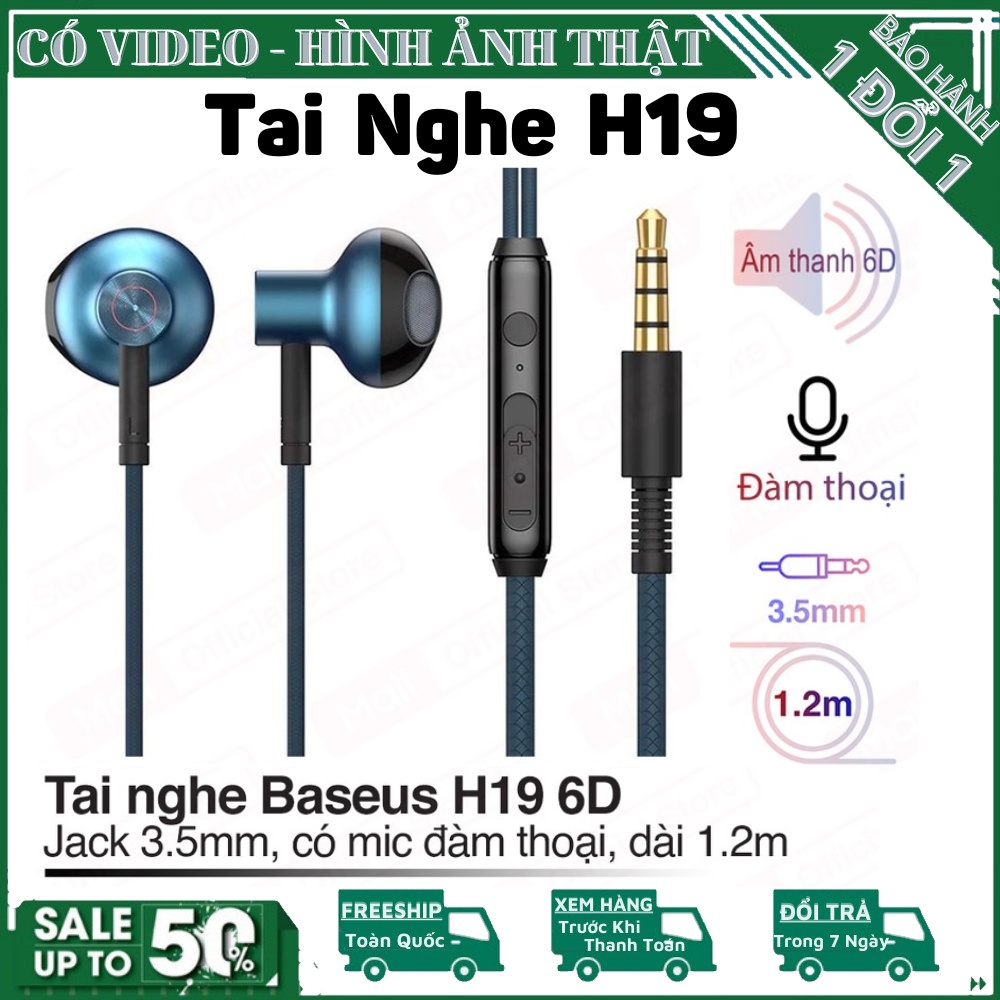Tai Nghe Nhét Tai Baseus H19 - Âm Thanh Nổi 6D, Mic Cho Điện Thoại, Dây 3.5mm, Độ Tương Thích Cao, Dây TPE Chống Rối