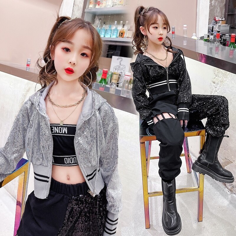 Bộ Áo Khoác + Quần dài Đính Kim Sa Phong Cách Hip Hop Thời Trang Mùa Thu Mới Cho Bé Gái 5 14 tuổi thu đông