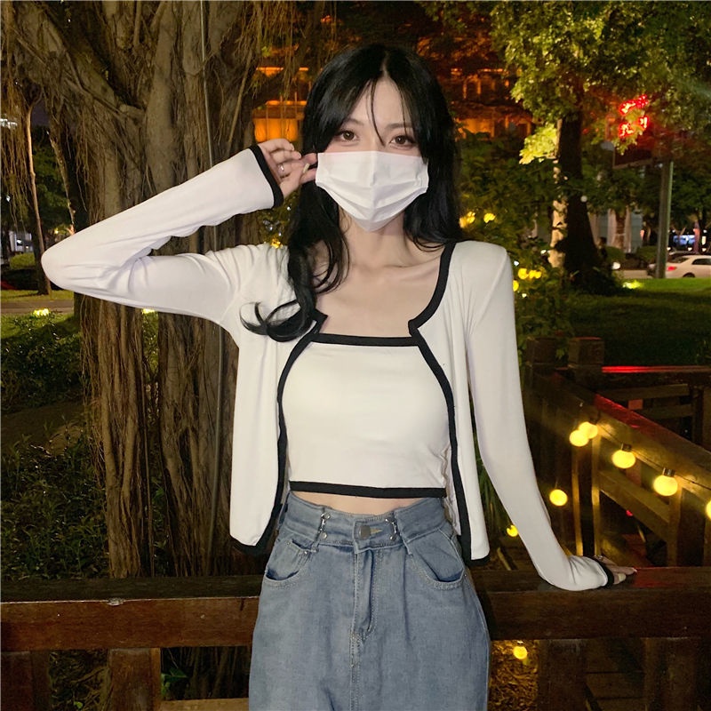 Set Áo Hai Dây + Áo Khoác Cardigan Tay Dài Chống Nắng Thời Trang Mùa Thu Hàn Quốc Mới 2021