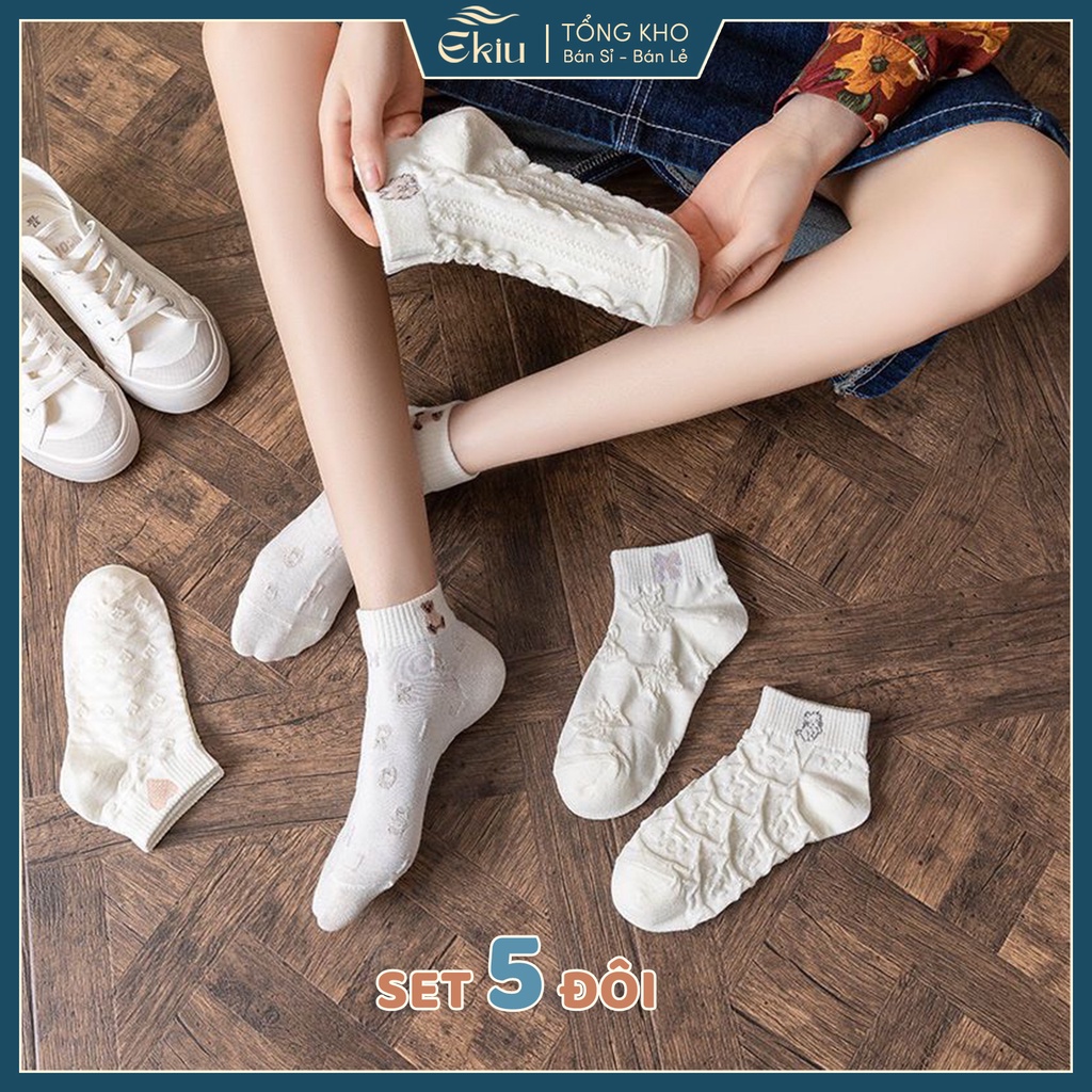 Tất vớ cổ ngắn họa tiết dễ thương set 5 đôi,vớ nữ chất liệu cotton co giãn 4 chiều - Ekiu Shop
