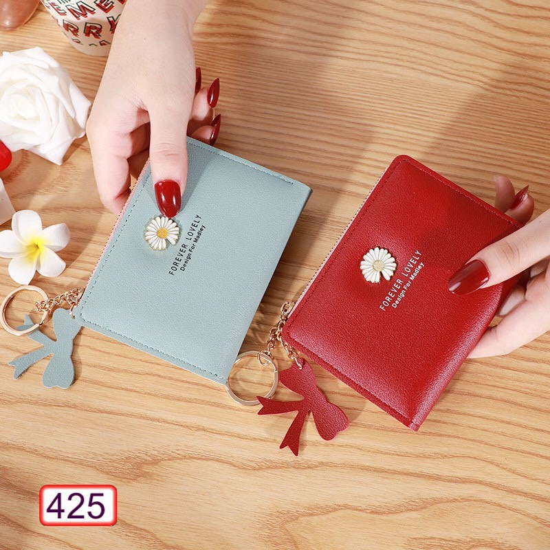 VÍ NGẮN NỮ CẦM TAY KHÓA KÉO DỌC HOA CÚC CÓ GẮN NƠ 425 CỰC ĐẸP