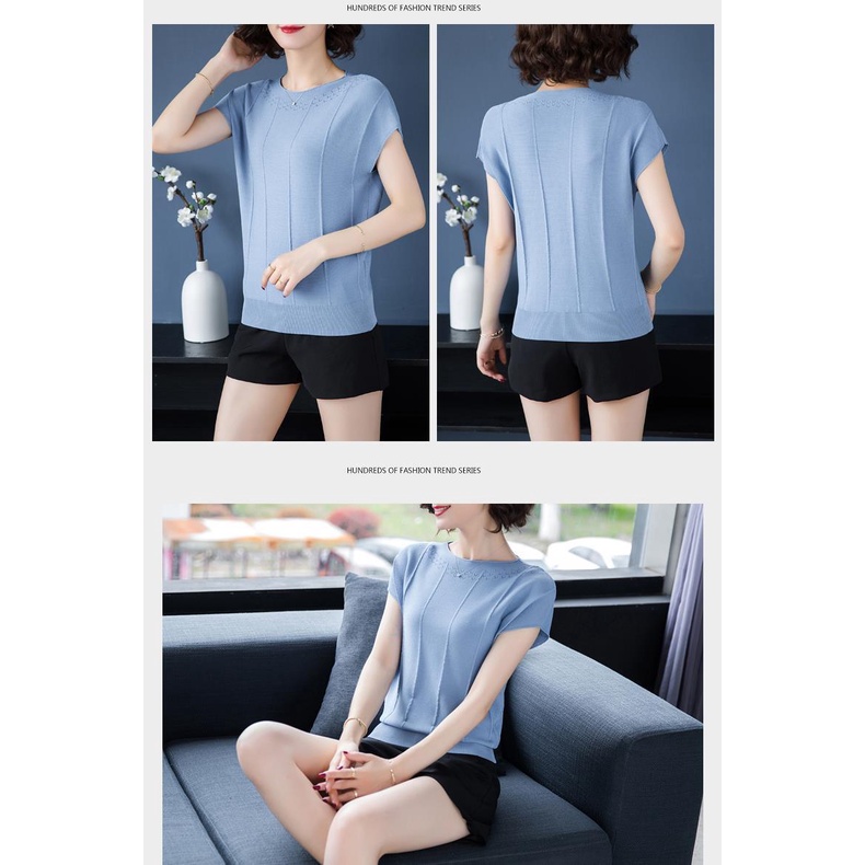 Áo thun tay ngắn họa tiết kẻ sọc chất liệu lụa mát có size lớn thời trang dành cho phụ nữ trung niên