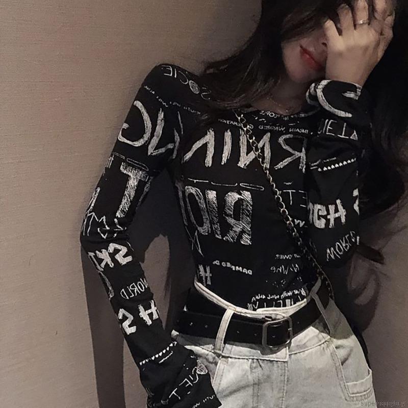 Áo Thun Dài Tay Họa Tiết Graffiti Thiết Kế Đơn Giản