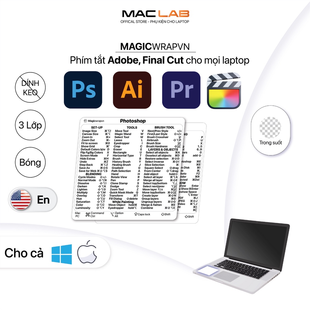 Miếng dán phím tắt  AI, PTS, Lightroom, Premier Pro Dành cho Macbook và Windows | Shortcut sticker | Magicwrapvn Maclab