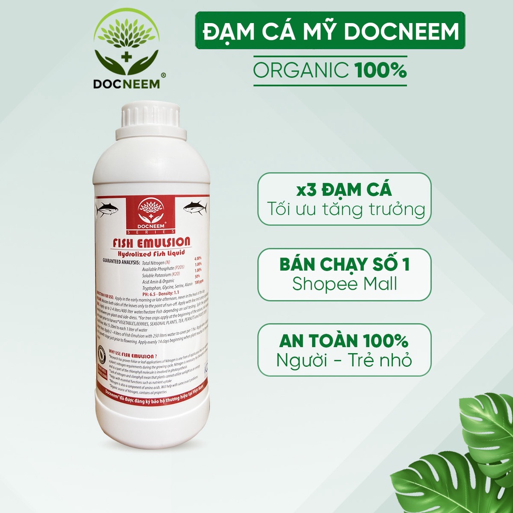 Phân đạm cá Fish Emulsion DOCNEEM, chai 1 lít, hữu cơ cho hoa hồng, hoa lan, rau sạch, hoa,cây cảnh, chính hãng