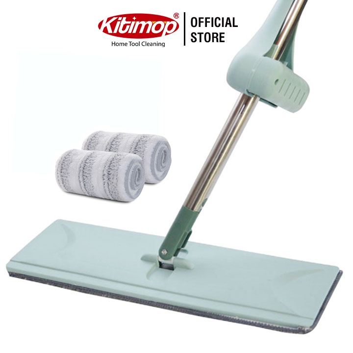 Cây lau nhà tự vắt Kitimop-X bàn lau 42x12cm, cán inox dài 125cm, miếng lau Mocrofiber + Tặng 2 bông lau