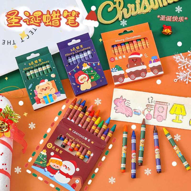 Set 12 Bút Sáp 8 Màu Sắc Dùng Vẽ Tranh Phong Cách Giáng Sinh Dành Cho Trẻ Em