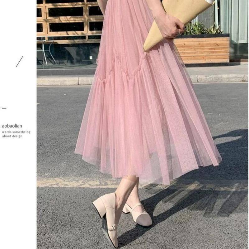 Chân Váy Lưới Dài Qua Gối Màu Hồng Phong Cách Công Chúa Cho Nữ