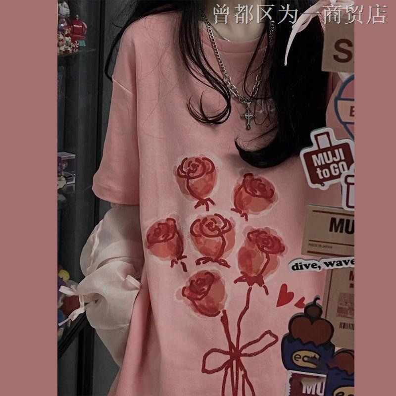 Áo Thun Tay Ngắn Dáng Rộng In Họa Tiết Hoa Hồng Thời Trang Mùa Hè Phong Cách Hàn Quốc