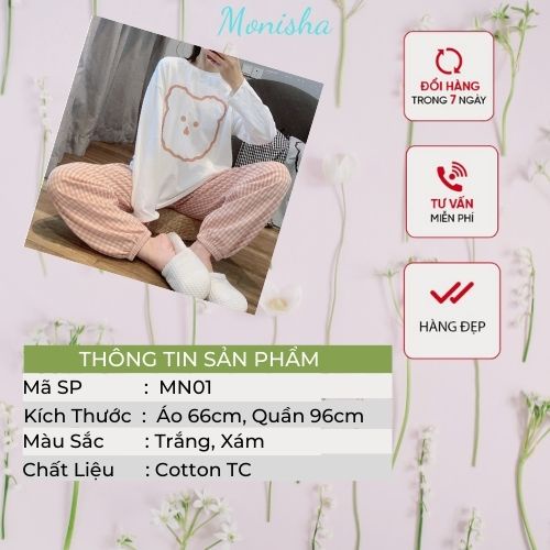 Bộ ngủ dài tay hình gấu quần kẻ caro, Bộ mặc nhà nữ kiểu dáng Hàn Quốc cute DN01 | WebRaoVat - webraovat.net.vn