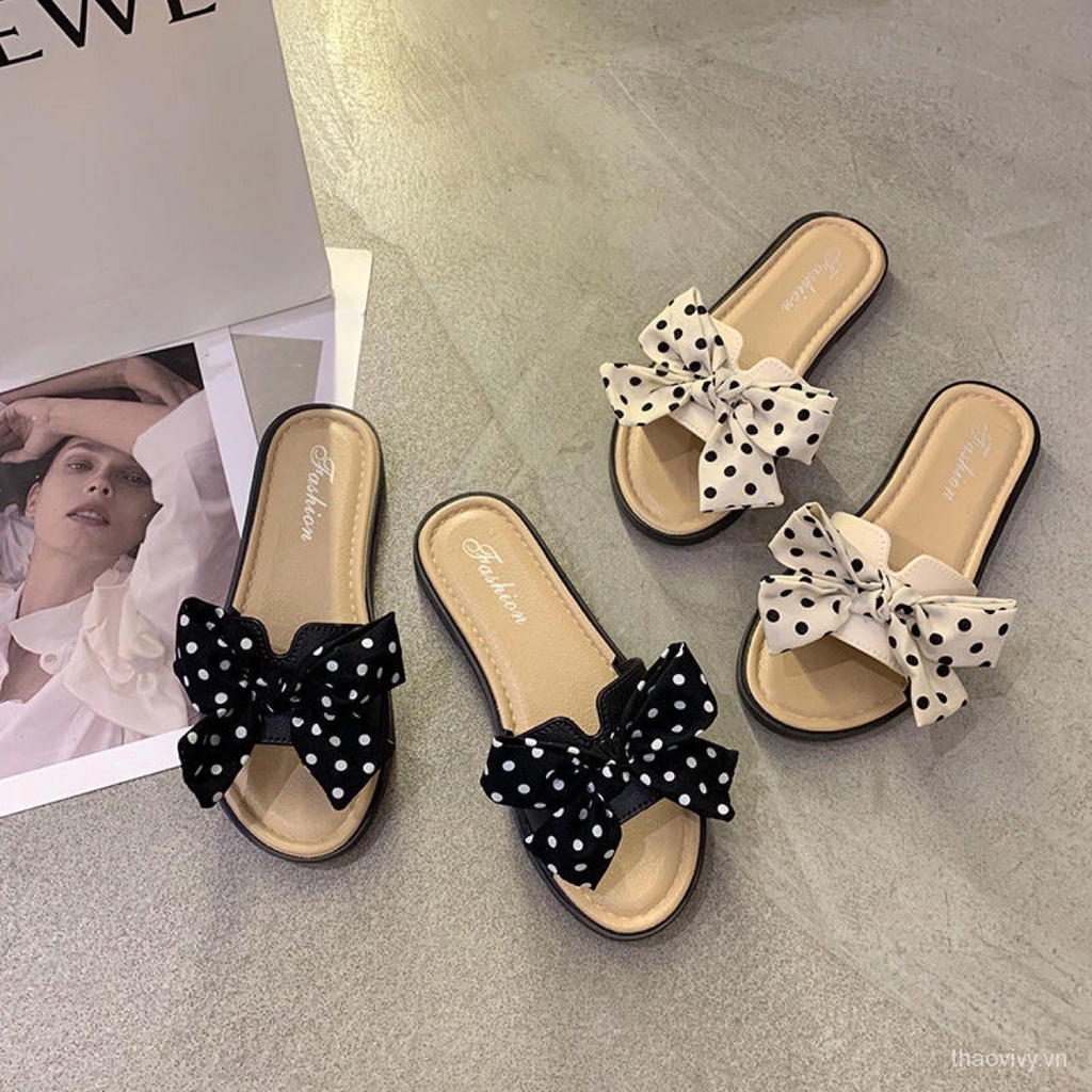 DÉP GIẢ CÓI NƠ Xinh xinhh New Bow Slippers Women's Outer Wear Korean Style Women's Shoes Flower Beach Shoes Sandals Female Online InfluencerinsFlat Shoes