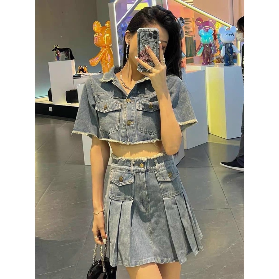 Set jean mix chân váy chất đẹp - Set Bò Denim Cao Cấp Áo Bò Tay Cộc Mix Chân Váy Video ảnh Thật