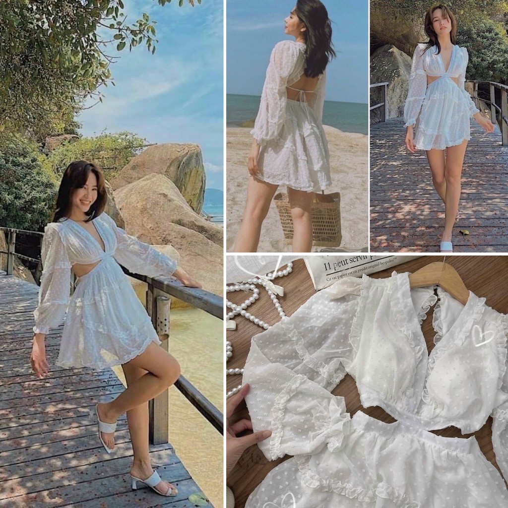 ĐẦM HOA CỔ V PHỐI BÈO CUTOUT EO - KÈM VIDEO