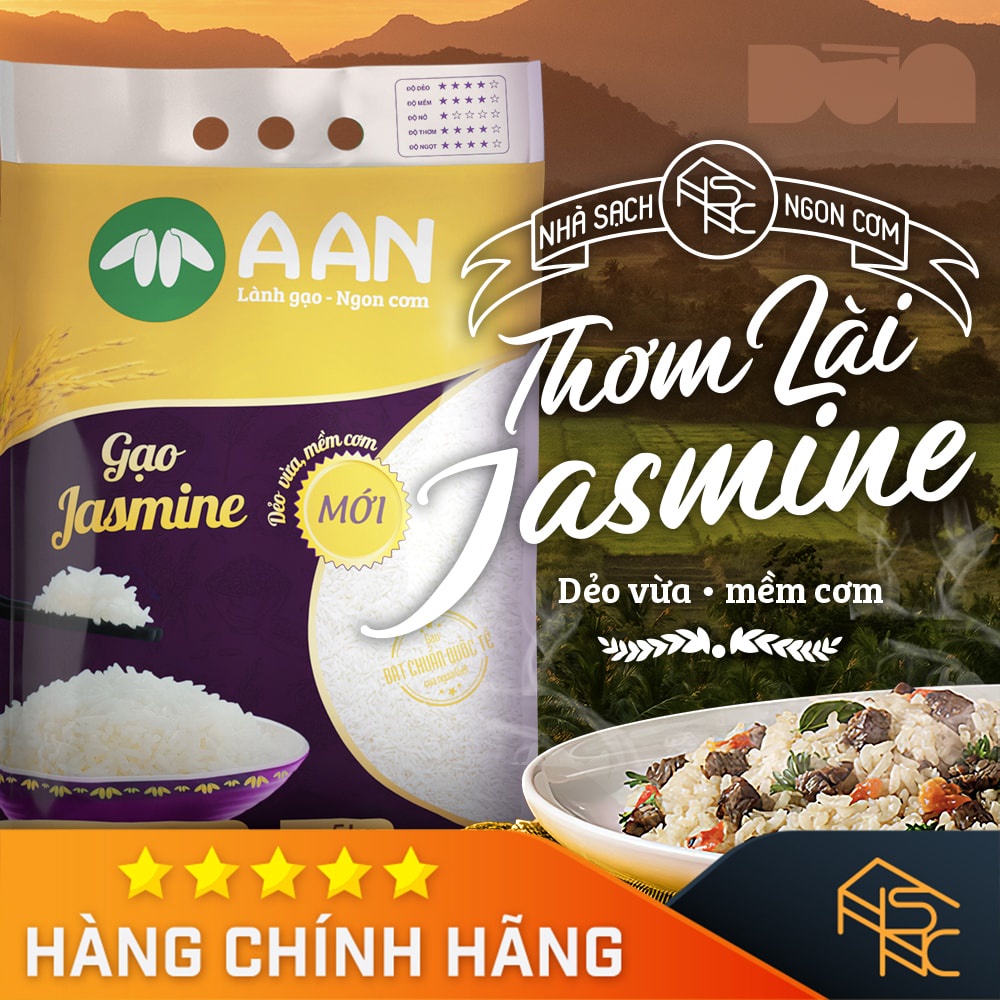 Gạo thơm lài Jasmine, dẻo vừa, mềm cơm - 5Kg A An