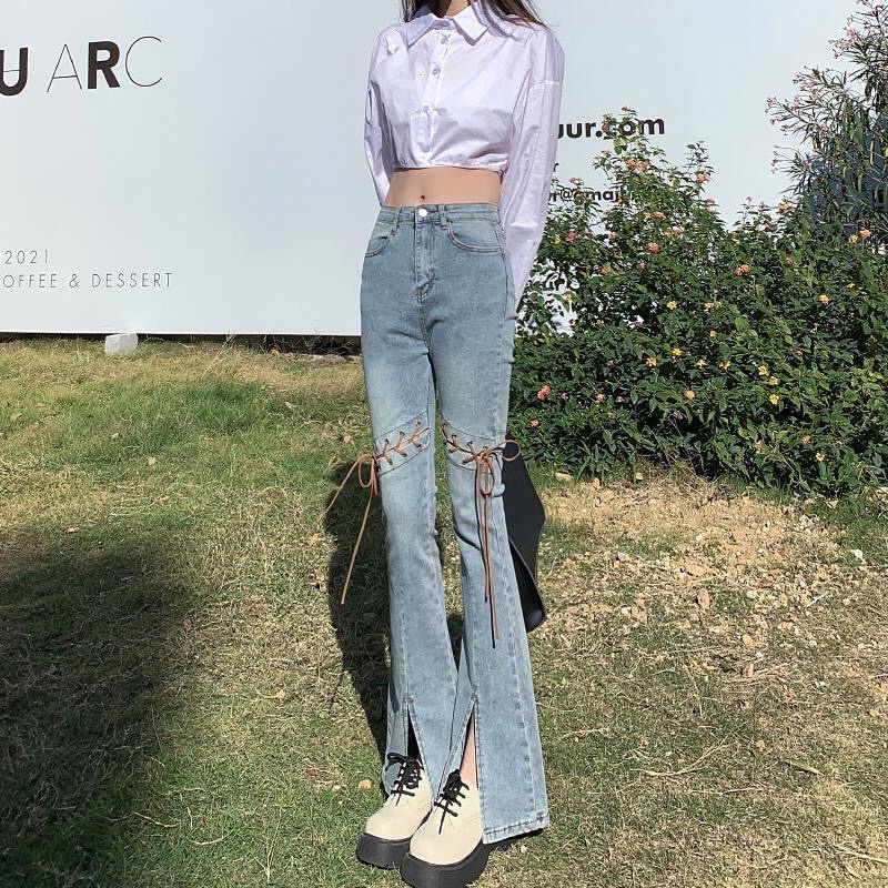 Quần jeans ống loe xẻ tà lưng cao phối dây thắt phong cách retro