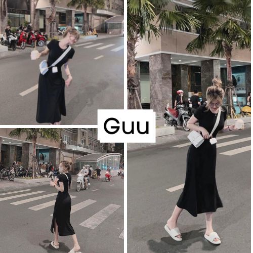 Đầm suông thiết kế xẻ tà quyến rũ màu đen trơn sang chảnh GUU