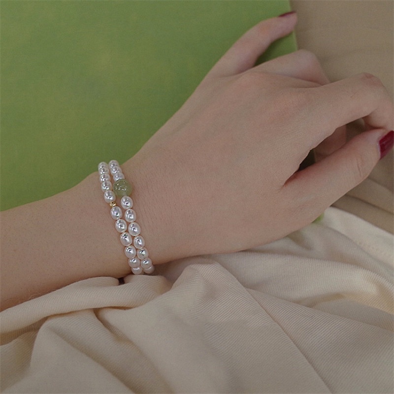 Vòng tay đôi hạt ngọc trai nhân tạo nhí mix đá xanh 4ly