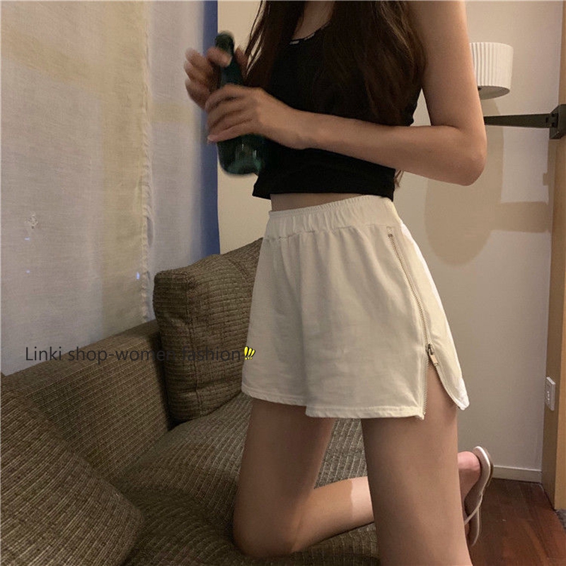 Quần Short Thể Thao Nữ Lưng Cao Ống Rộng Có Dây Kéo Bên Hông Phong Cách Hàn Quốc