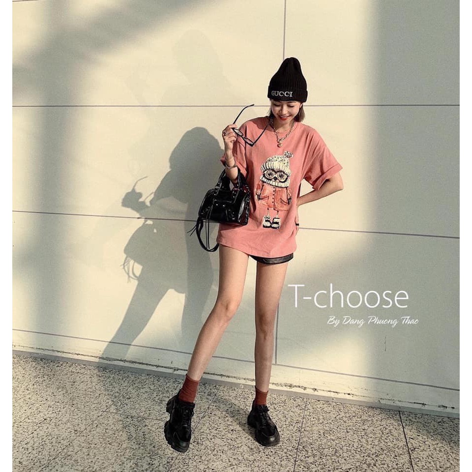 Áo phông Áo thun cotton in hình cú hồng cho nữ