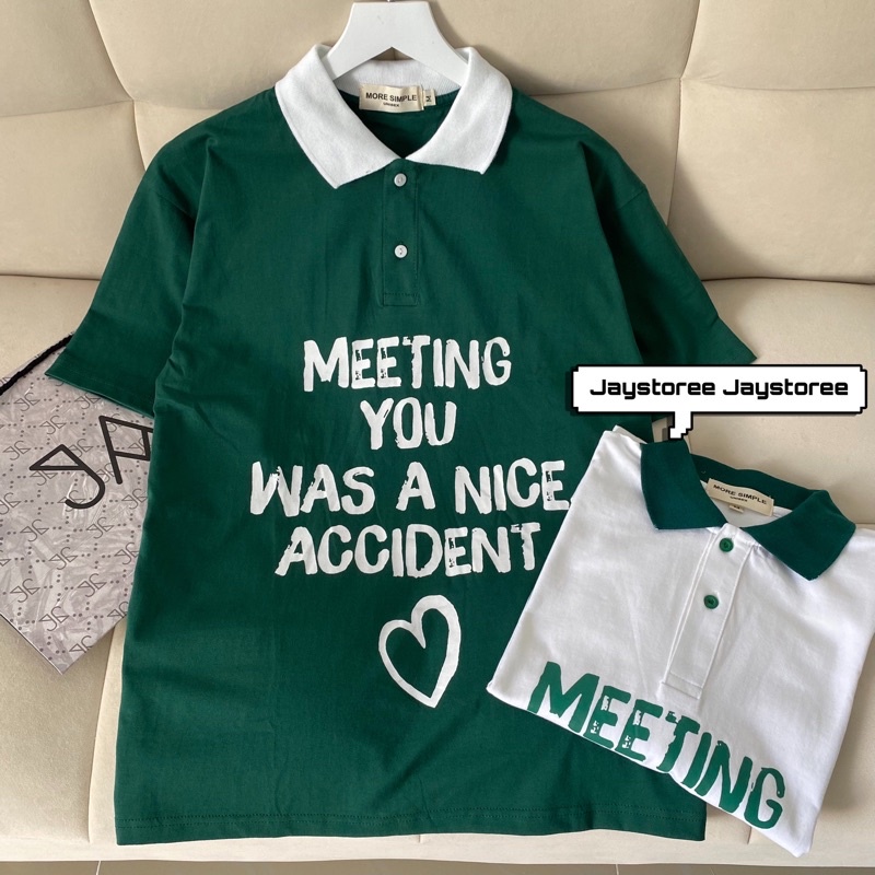 Áo Thun Polo Unisex MEETING màu XANH LÁ/TRẮNG form rộng ✳️ Chất thun da cá form nam nữ unisex/Áo thun có cổ Jaystoree 🖤