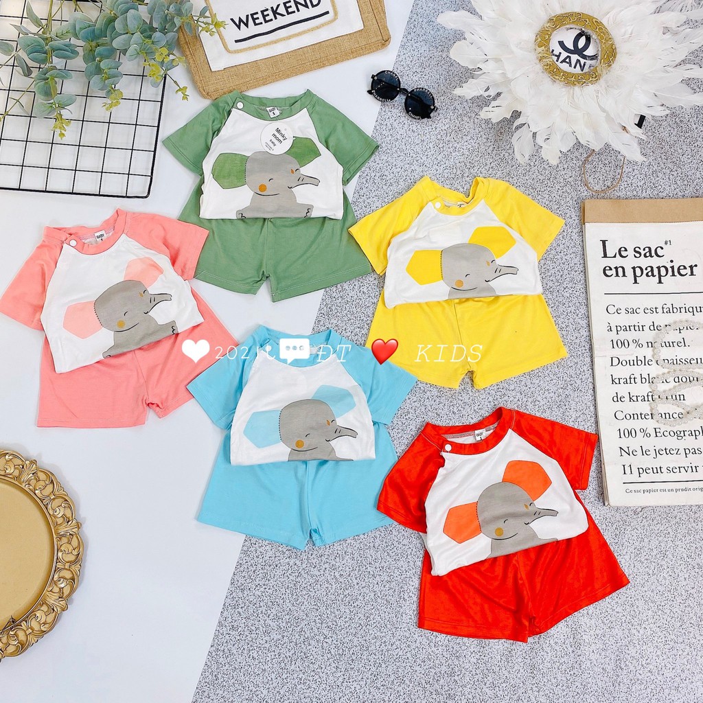 Bộ thun lạnh cộc tay Minkymom cho bé loại đẹp - bộ đồ cho bé họa tiết con voi chất thun lạnh thoáng mát cho bé 8 - 18kg