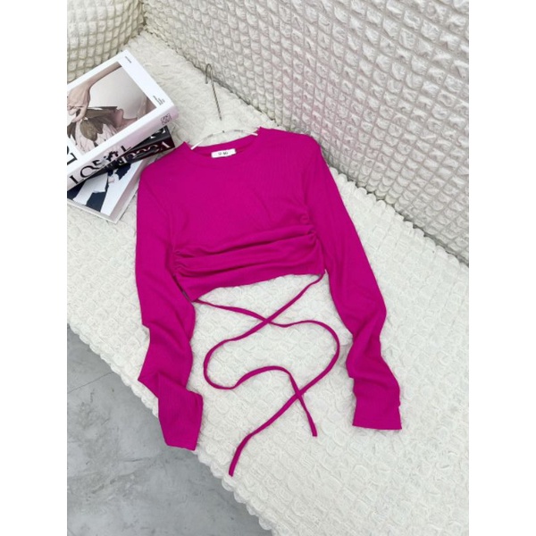 Áo tay dài croptop dây buộc eo cá tính ( hình thật )
