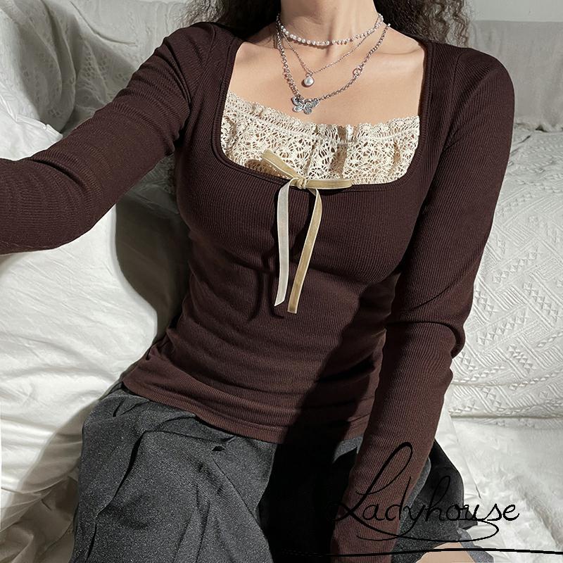 Áo Dệt Kim Tay Dài Phối Ren Đính Nơ Thời Trang Dành Cho Nữ