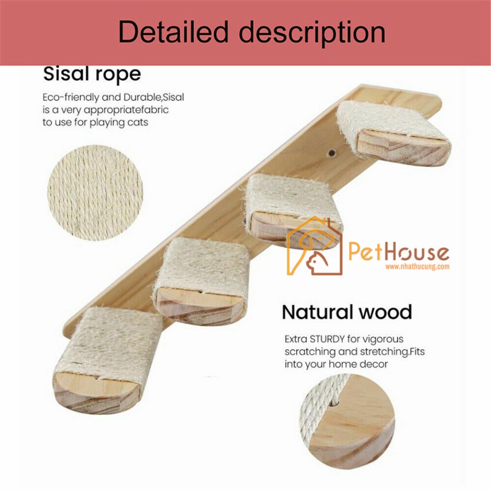 Cào móng 4 bậc thang gắn tường cho mèo sản phẩm gỗ tự nhiên bền đẹp sx pethouse