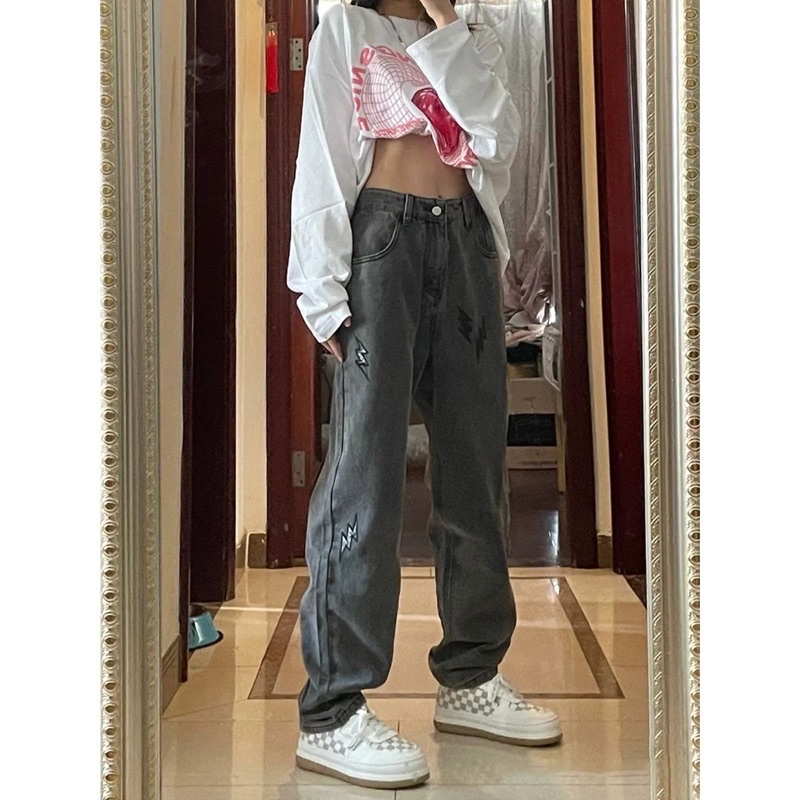 Quần jean ống rộng unisex họa tiết thêu sấm sét đơn giản dễ phối đồ