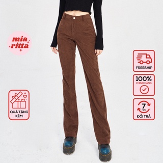 Quần nhung nâu loe cạp cao co dãn Mia Ritta Q376