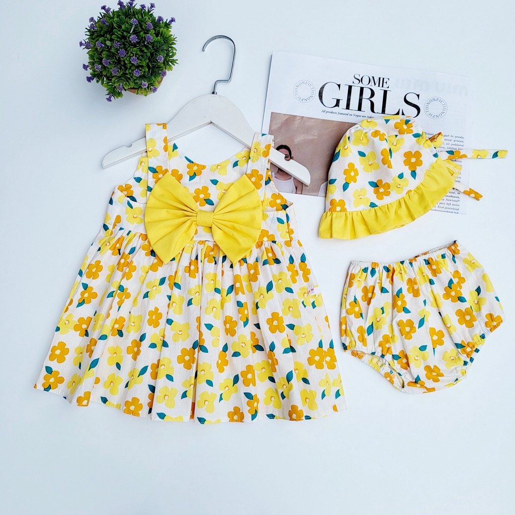 Đầm Hoa, Váy Hoa Nơ Cho Bé Gái, Bé Sơ Sinh- Kèm Quần Chip Và Mũ. Chất Vải Cotton Mềm Mại.