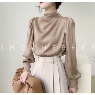 bán sỉ áo sơ mi lụa xếp li vai cúc ngọc