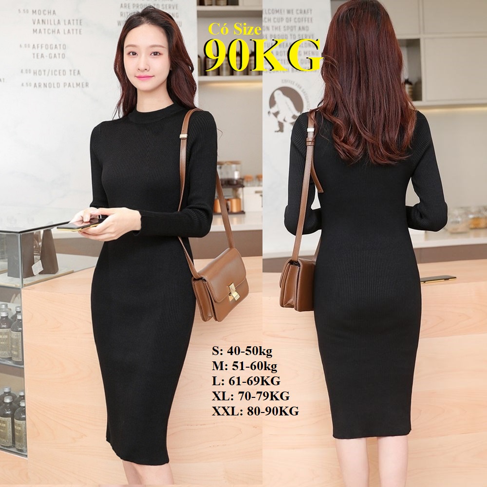 Váy Body Len Tăm Dài Tay CỔ TRÒN chất đẹp, Có big size 90KG!