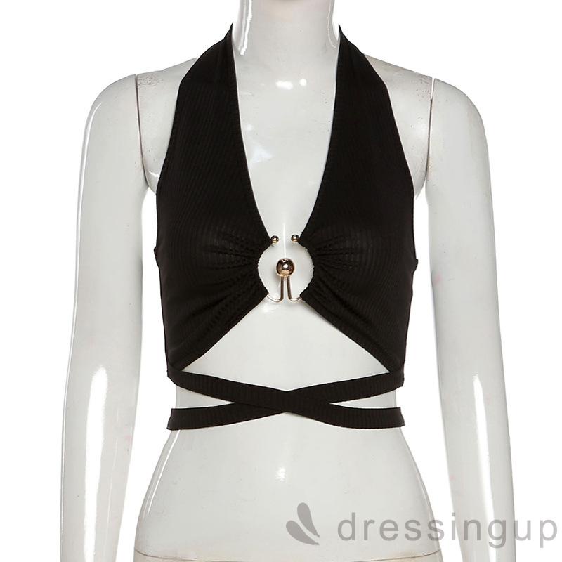 DRE-Women’s Fashion Solid Color Tank Top,Hollow Bandage Exposed Navel Halter Camisole